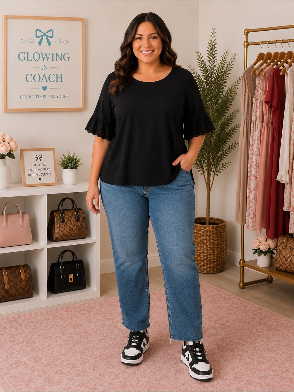 Thyme & Honey Black Eyelet Sleeve Top | Size Medium